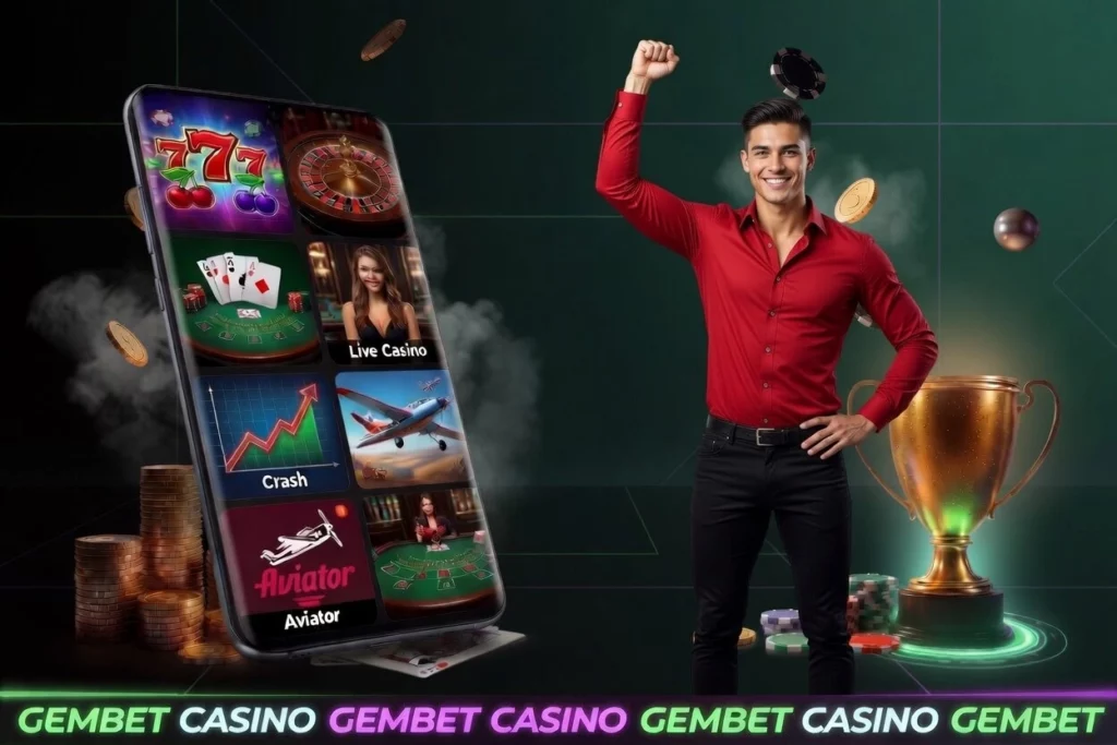 Man and phone with games in the app